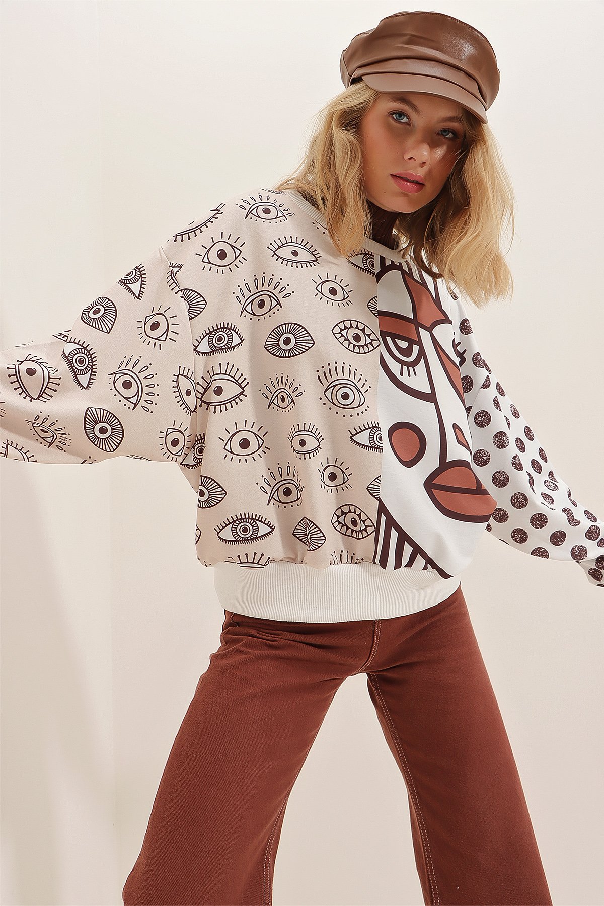 Dijital Baskılı Sweatshirt - Bej