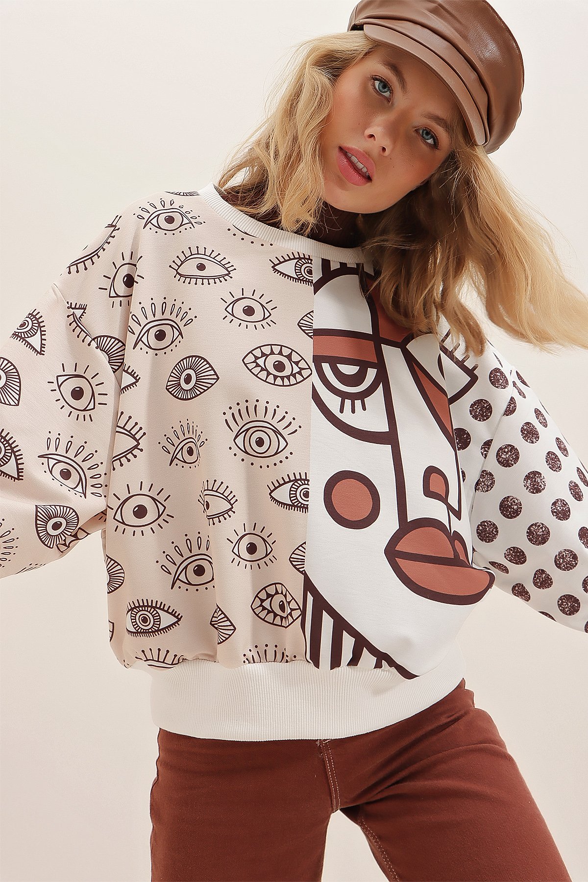 Dijital Baskılı Sweatshirt - Bej
