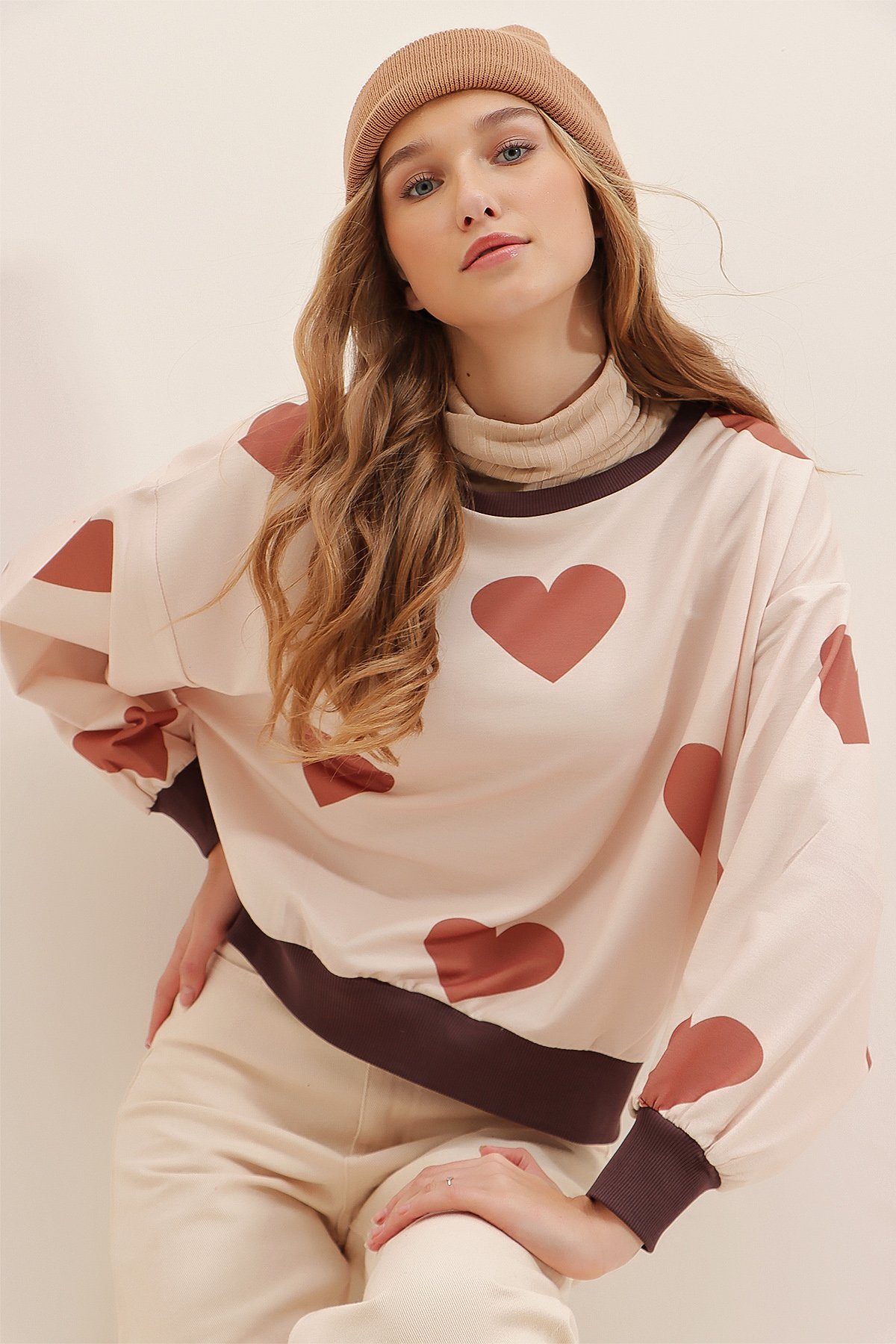 Dijital Baskılı Sweatshirt - Karamel