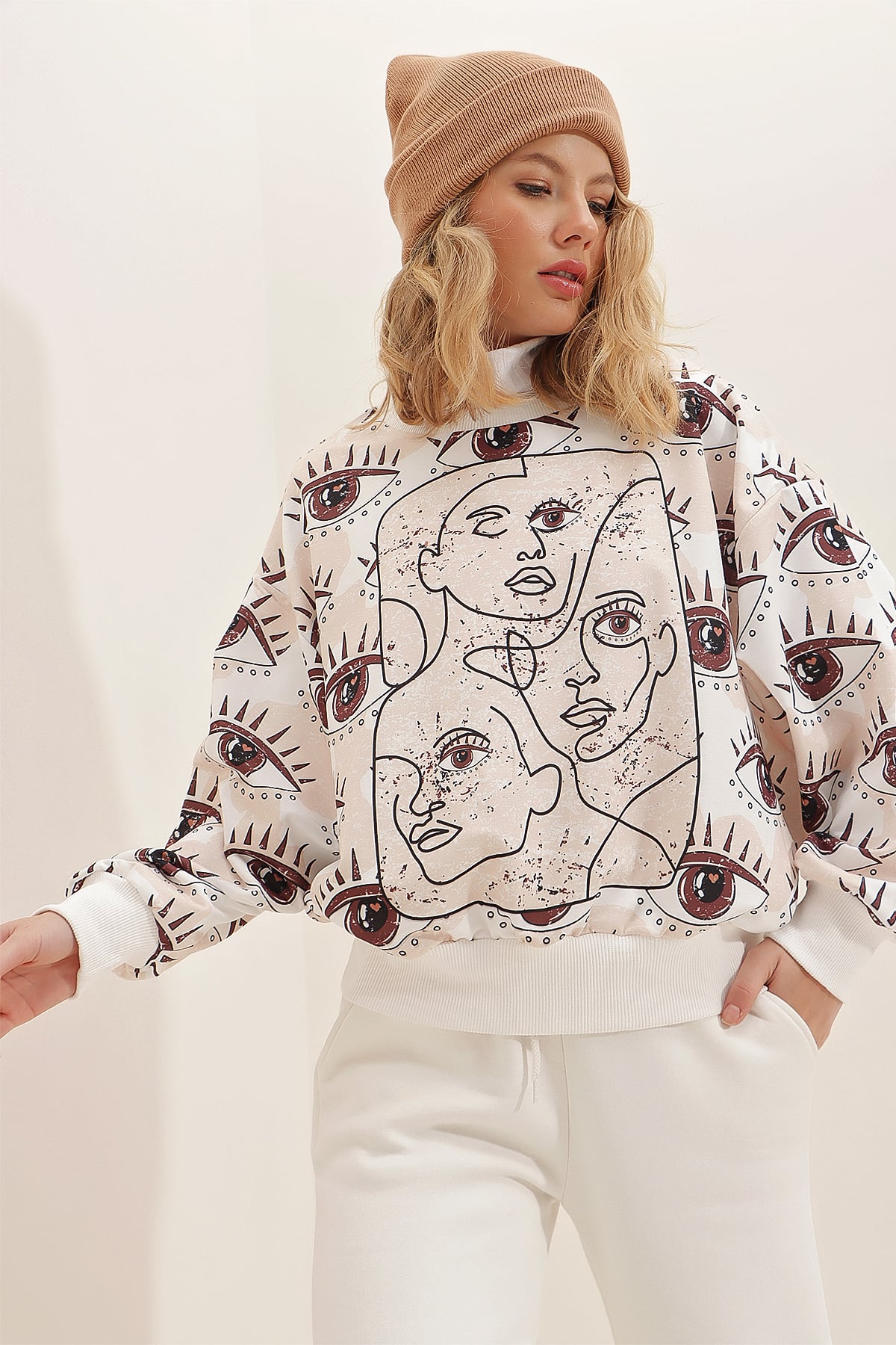 Dijital Baskılı Sweatshirt - Krem