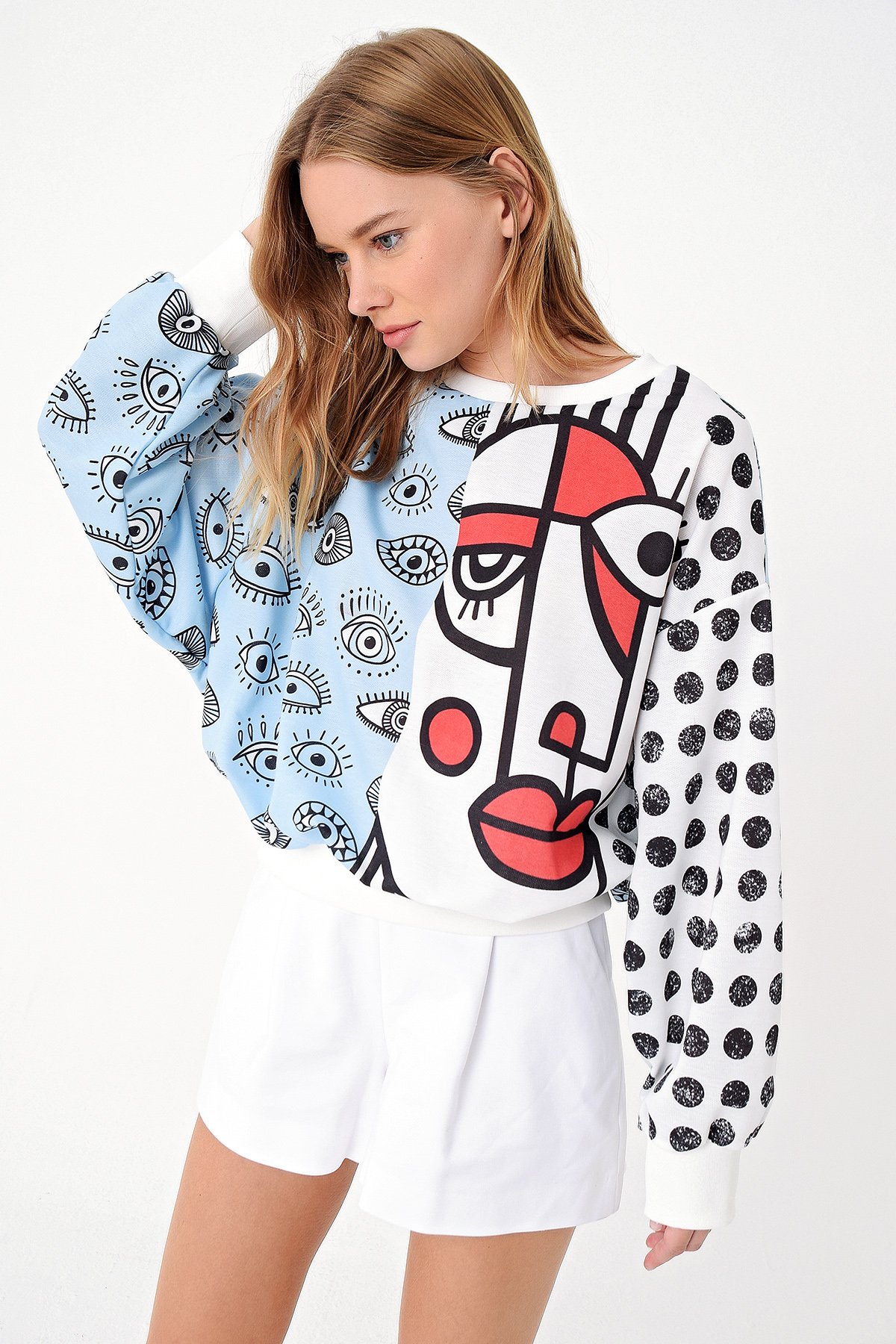 Dijital Baskılı Sweatshirt - Mavi