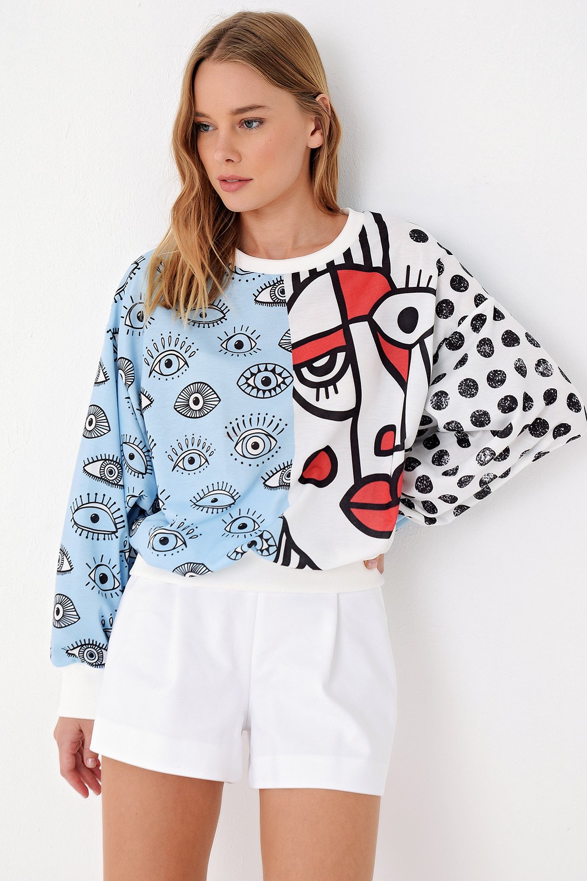 Dijital Baskılı Sweatshirt - Mavi