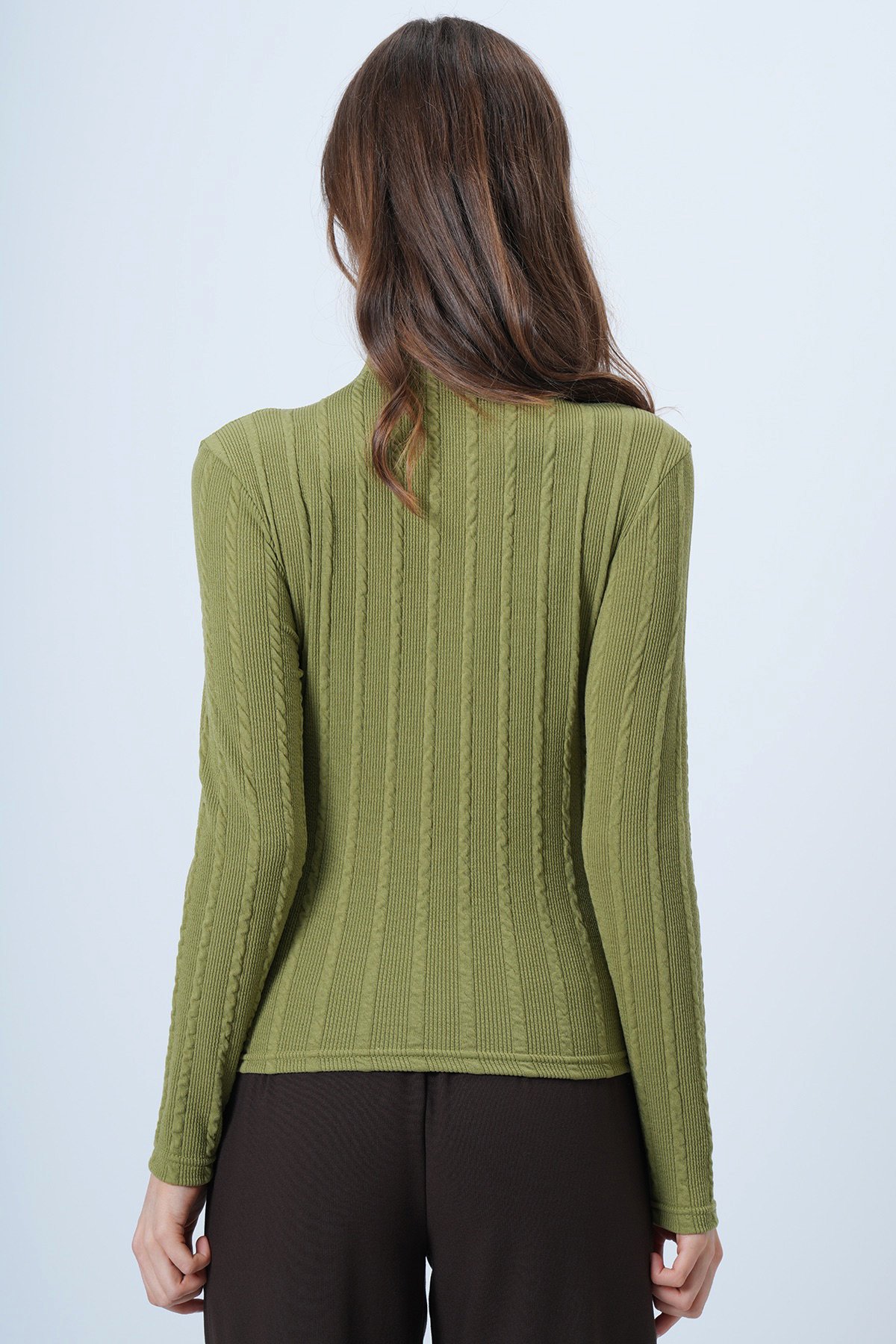 Dik Yaka Ajurlu Likralı Triko Kumaş Bluz - Yağ Yeşili