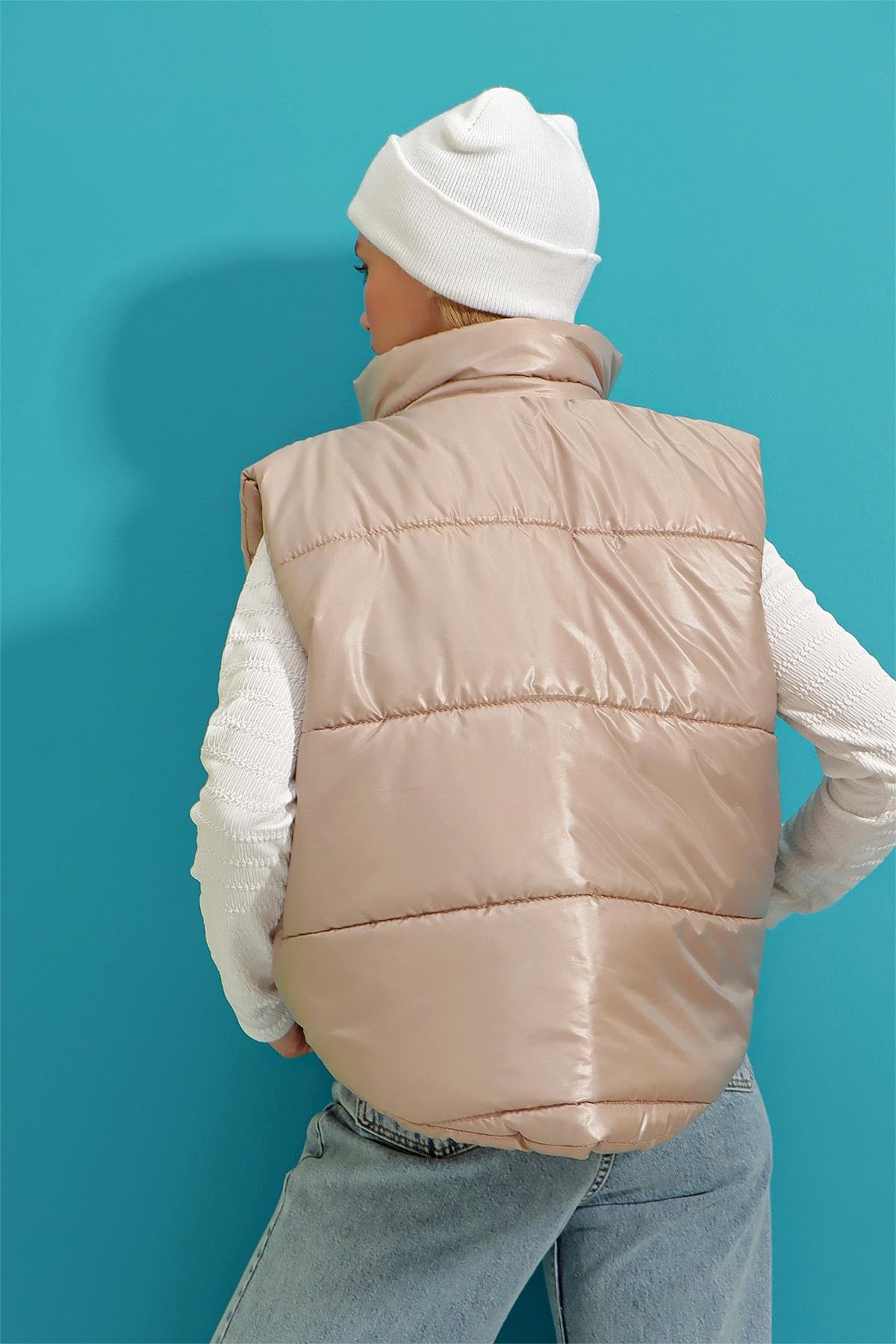 Dik Yaka Çift Cepli Full Dolum Beli Ayarlanabilir Şişme Yelek - Taş
