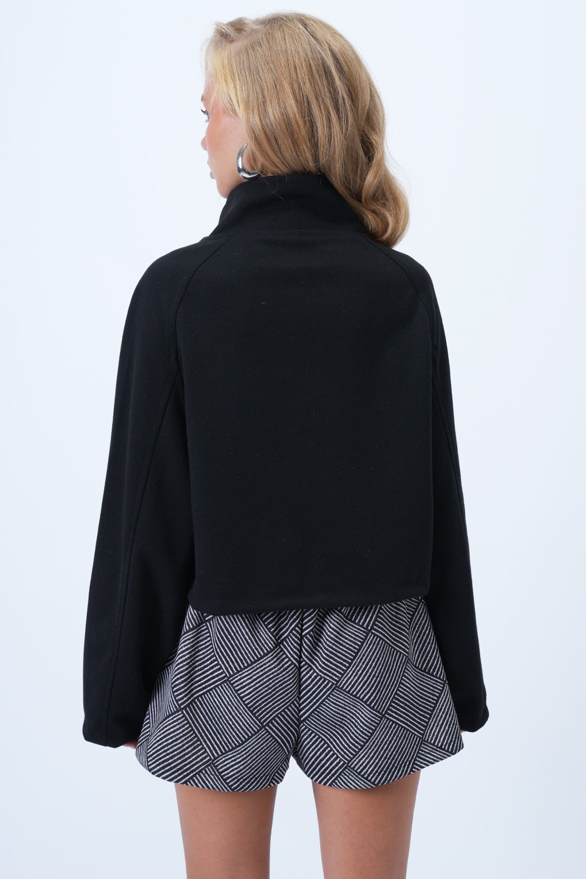 DİK YAKA ÇİFT CEPLİ REGLAN KOL CEKET - SİYAH