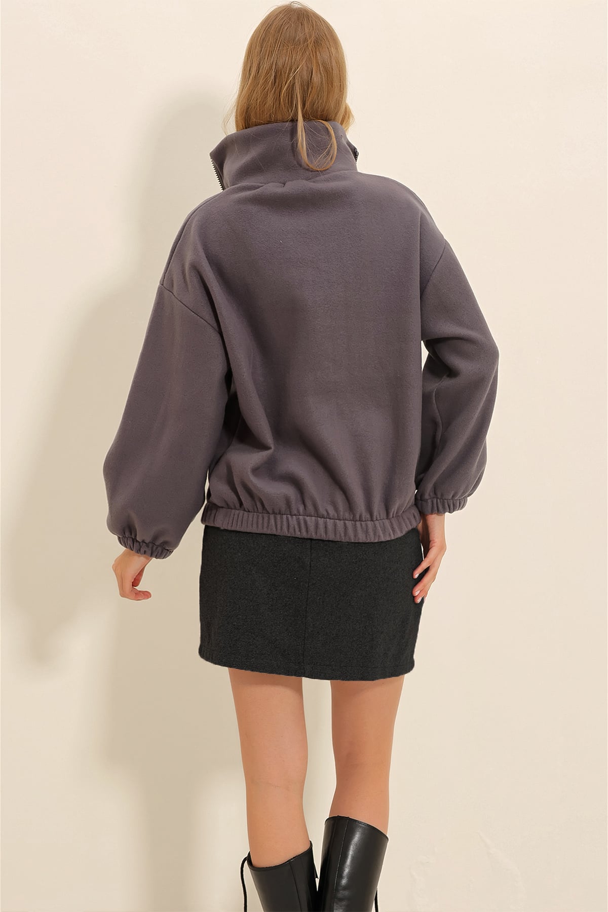 Dik Yaka Fermuarlı Polar Sweatshirt - Antrasit