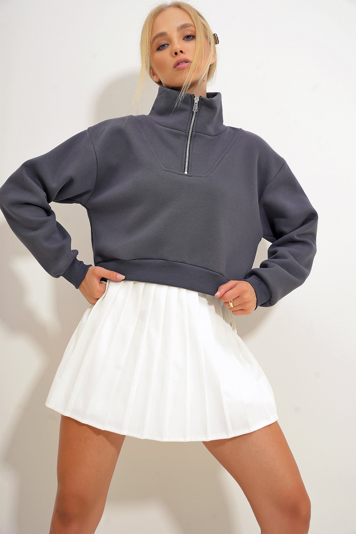 Dik Yaka Fermuarlı Sweatshirt - Antrasit
