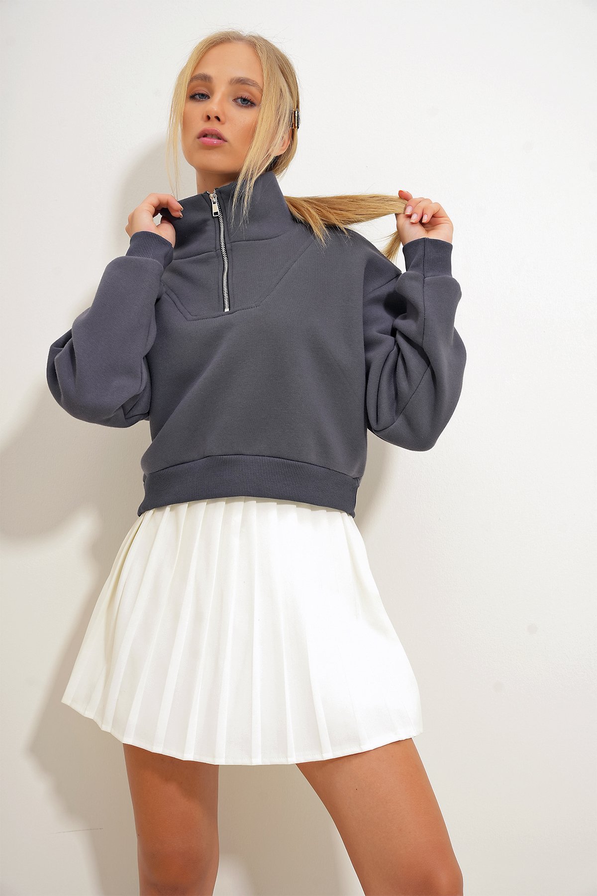 Dik Yaka Fermuarlı Sweatshirt - Antrasit