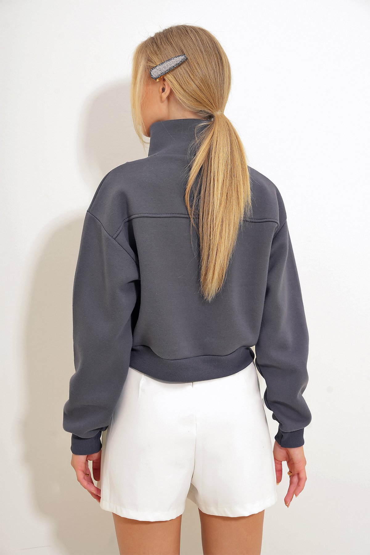 Dik Yaka Fermuarlı Sweatshirt - Antrasit