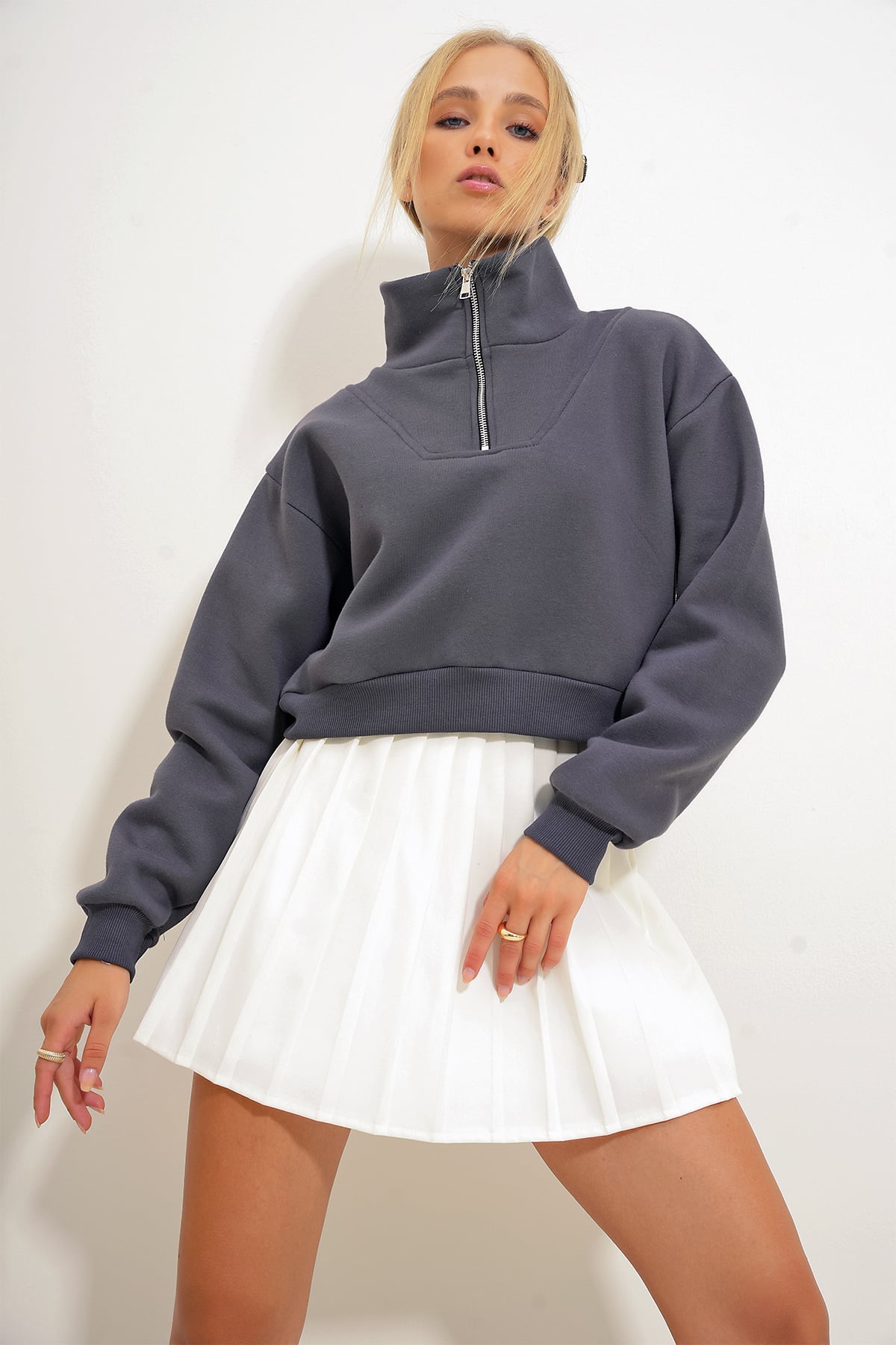 Dik Yaka Fermuarlı Sweatshirt - Antrasit