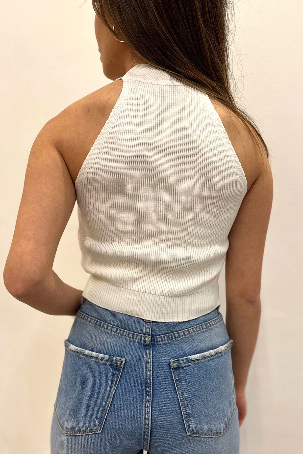 Dik Yaka Halter Triko Bluz - Beyaz