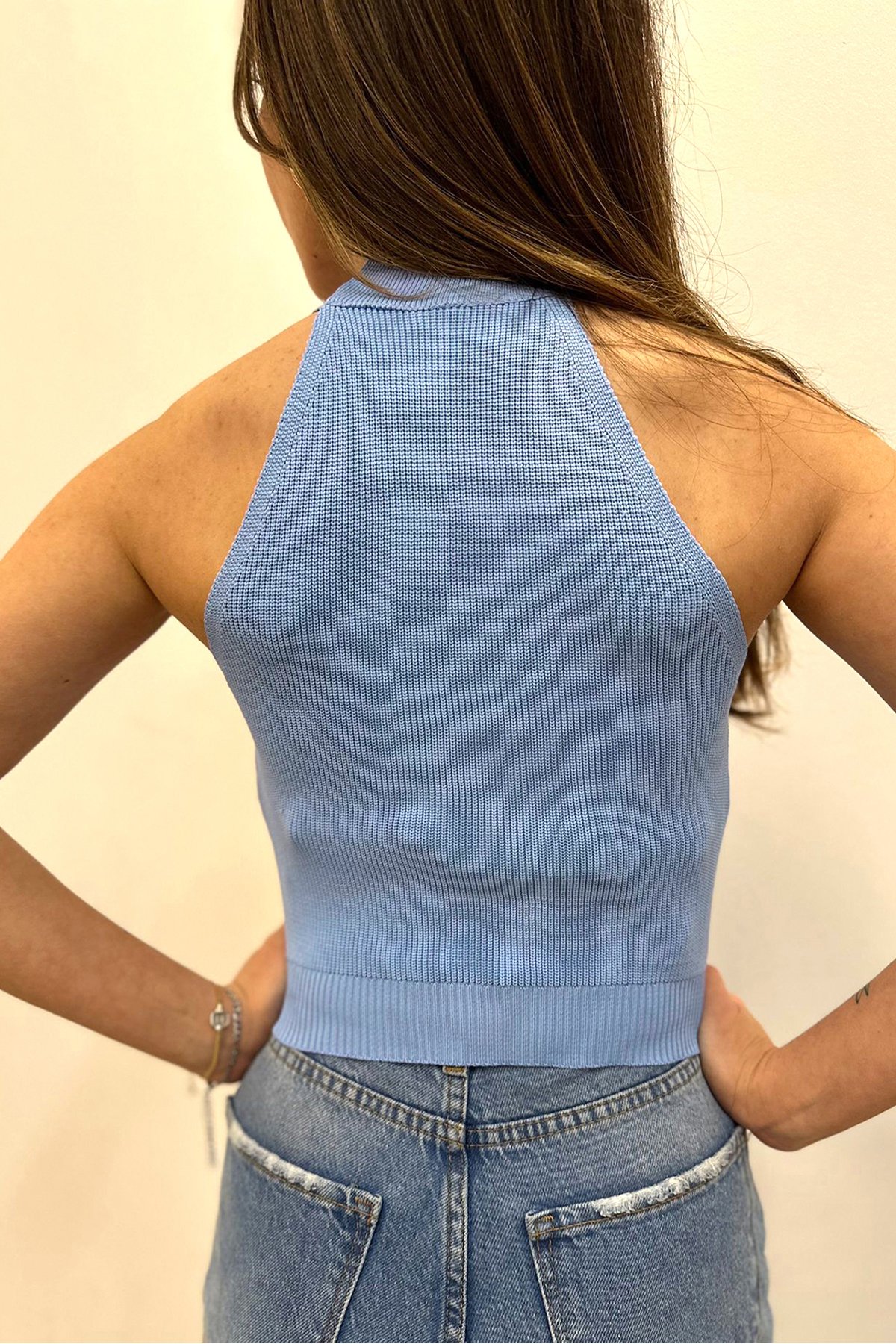 Dik Yaka Halter Triko Bluz - Mavi