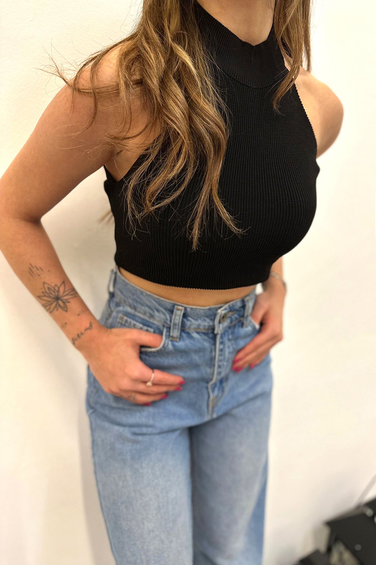 Dik Yaka Halter Triko Bluz - Siyah