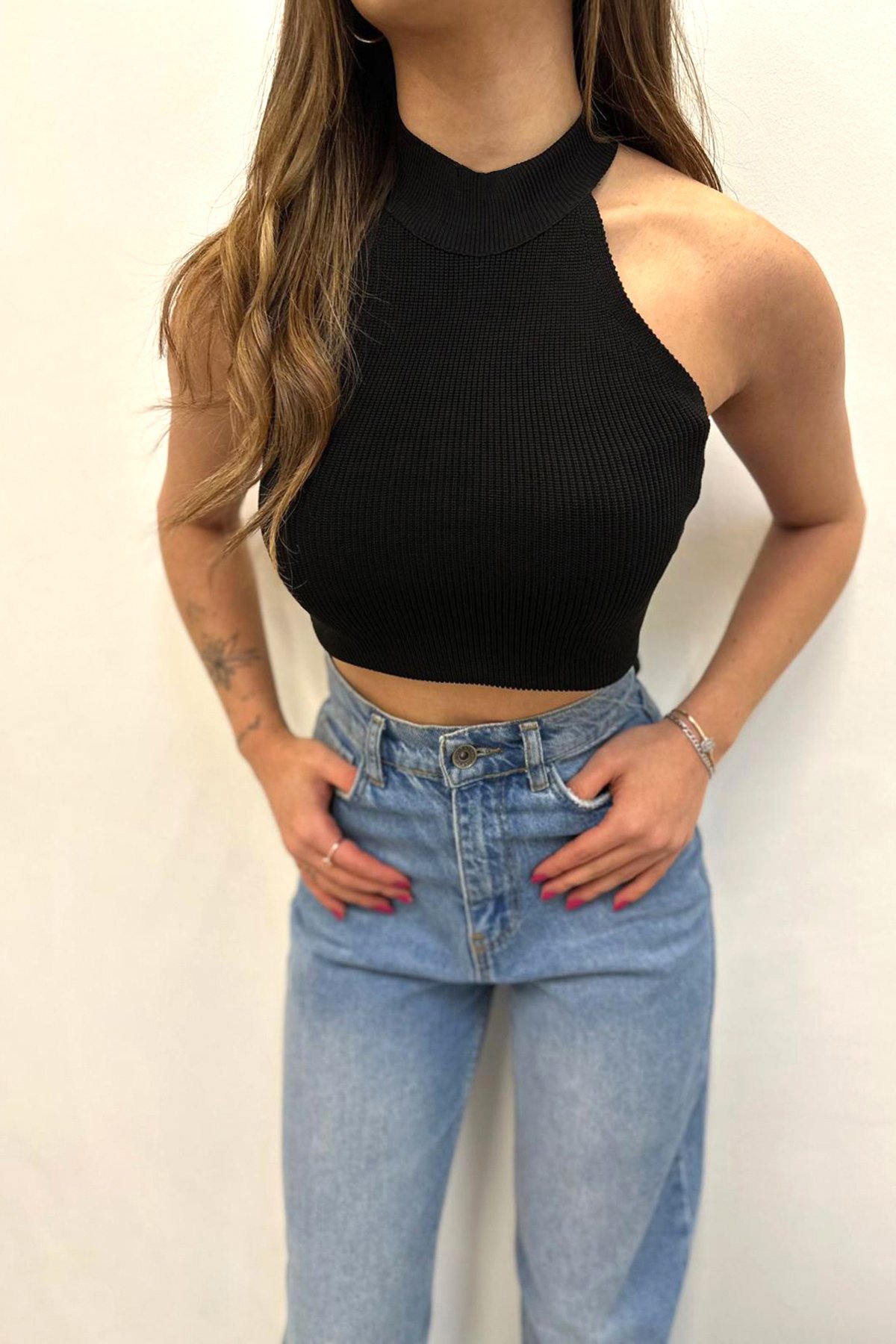 Dik Yaka Halter Triko Bluz - Siyah
