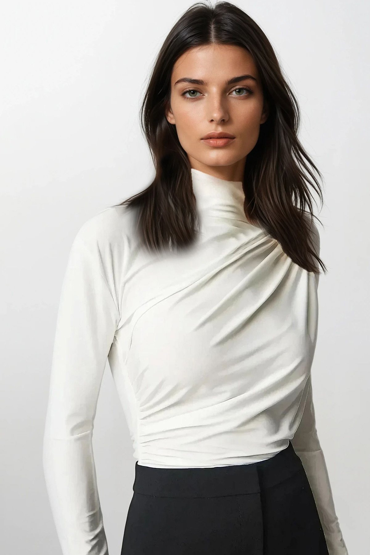 Dik Yaka Omzu Drapeli Sandy Crop Bluz - Beyaz