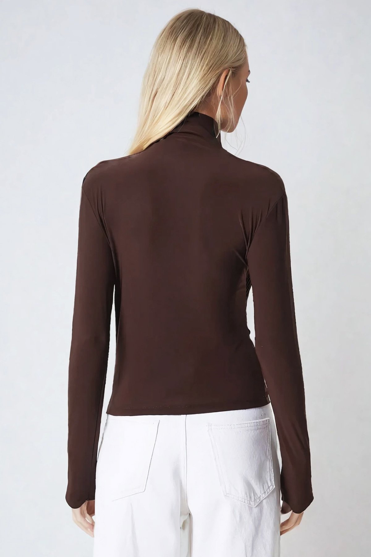 Dik Yaka Omzu Drapeli Sandy Crop Bluz - ACI KAHVE