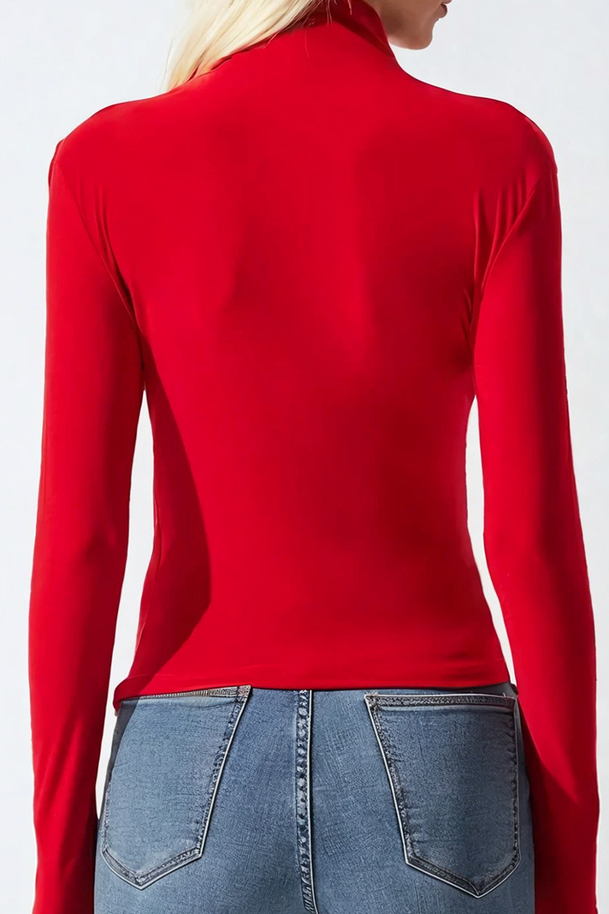 Dik Yaka Omzu Drapeli Sandy Crop Bluz - Kırmızı
