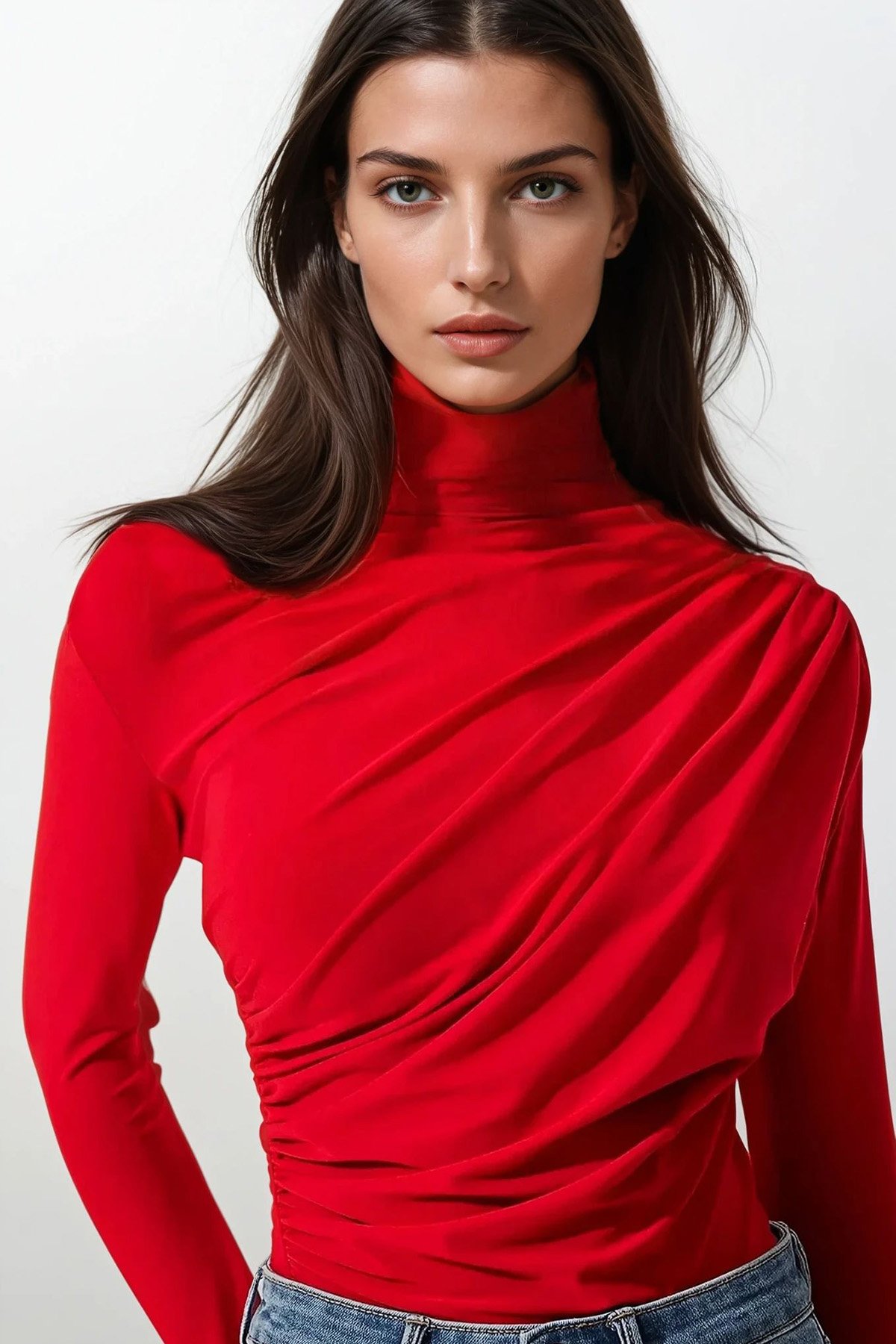 Dik Yaka Omzu Drapeli Sandy Crop Bluz - Kırmızı