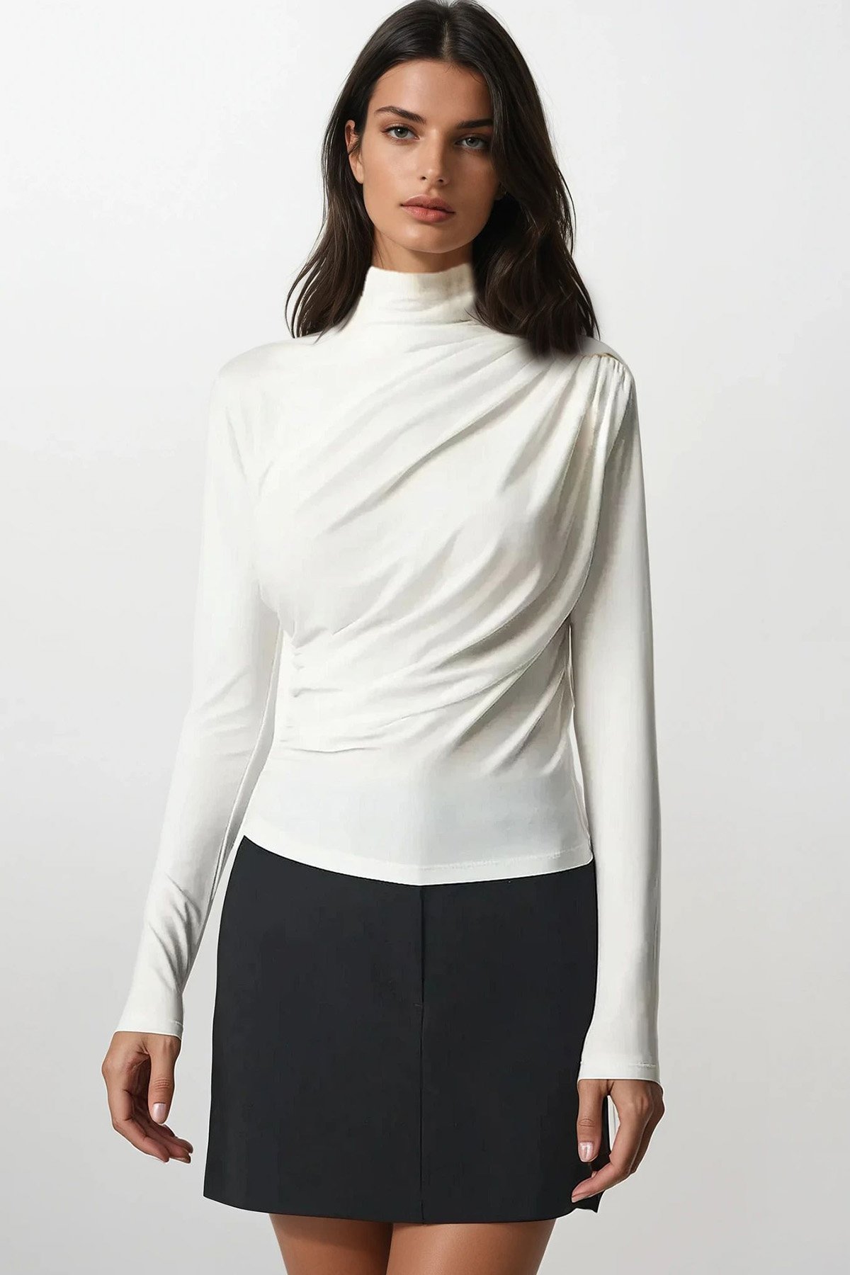 Dik Yaka Omzu Drapeli Sandy Crop Bluz - Beyaz