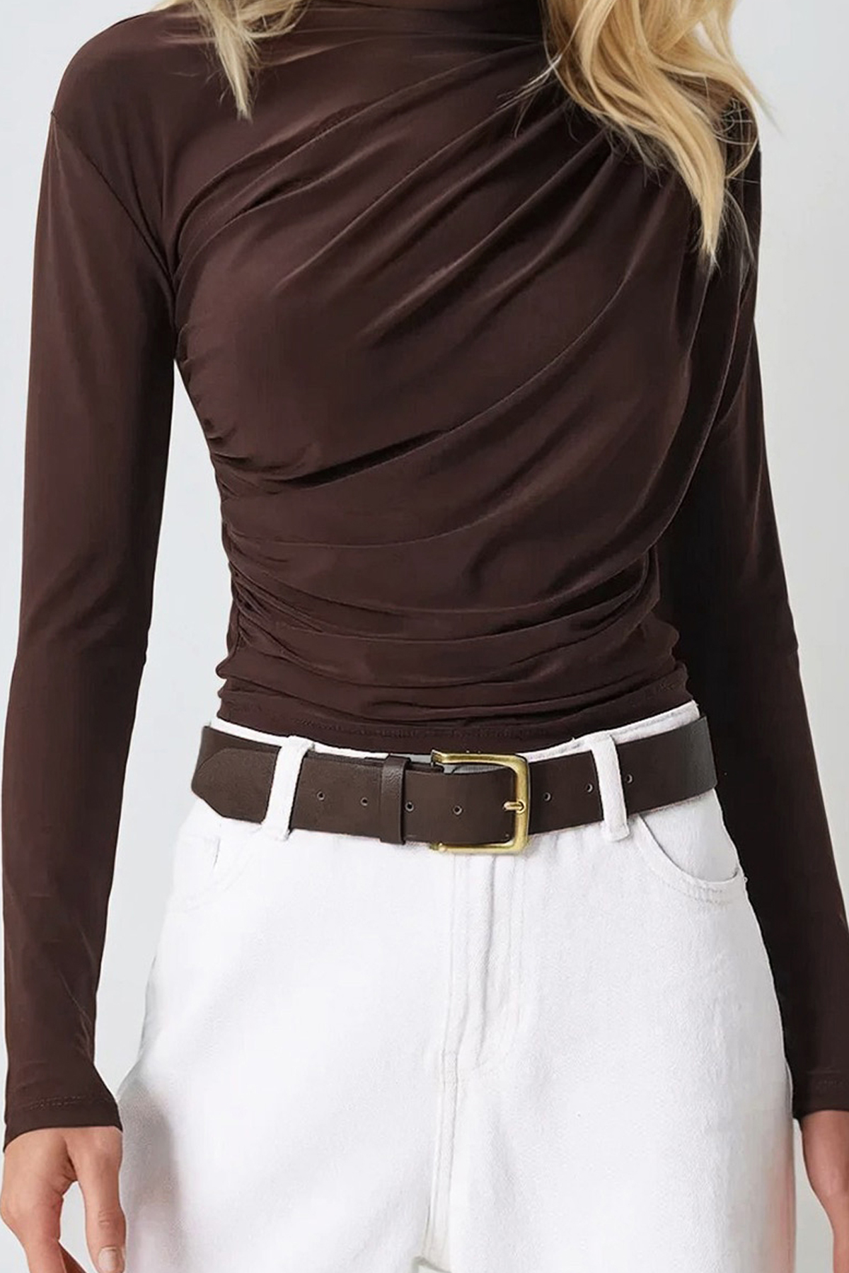 Dik Yaka Omzu Drapeli Sandy Crop Bluz - ACI KAHVE