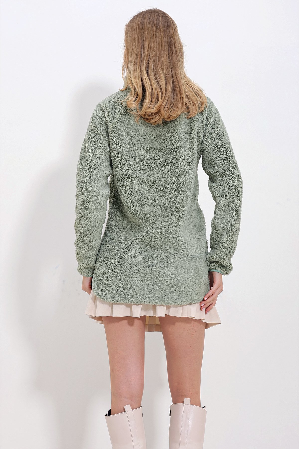 Dik Yaka Önü Fermuarlı Welsoft Peluş Sweatshirt - Mint
