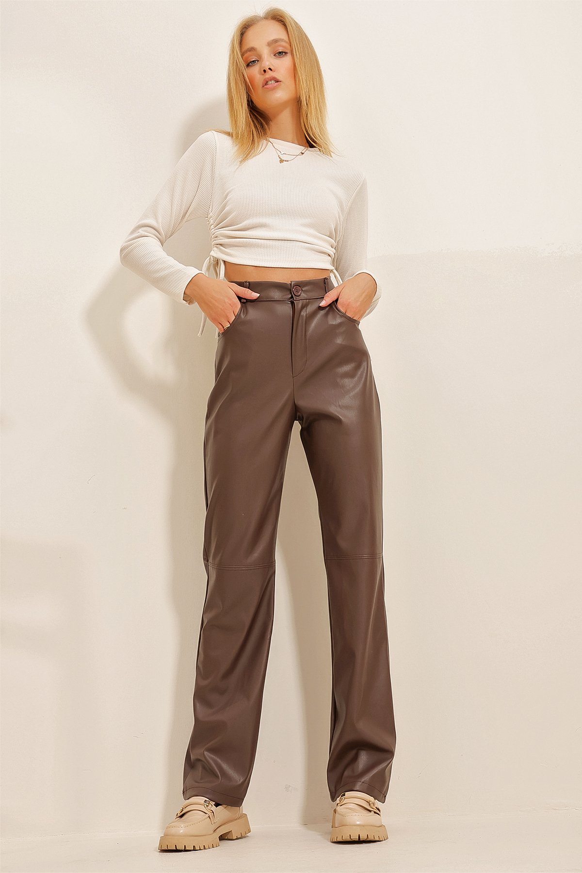 Diz Dikişli Cepli Suni Deri Palazzo Pantolon - Kahve