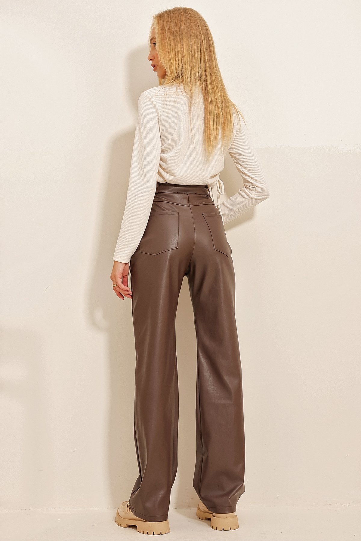 Diz Dikişli Cepli Suni Deri Palazzo Pantolon - Kahve