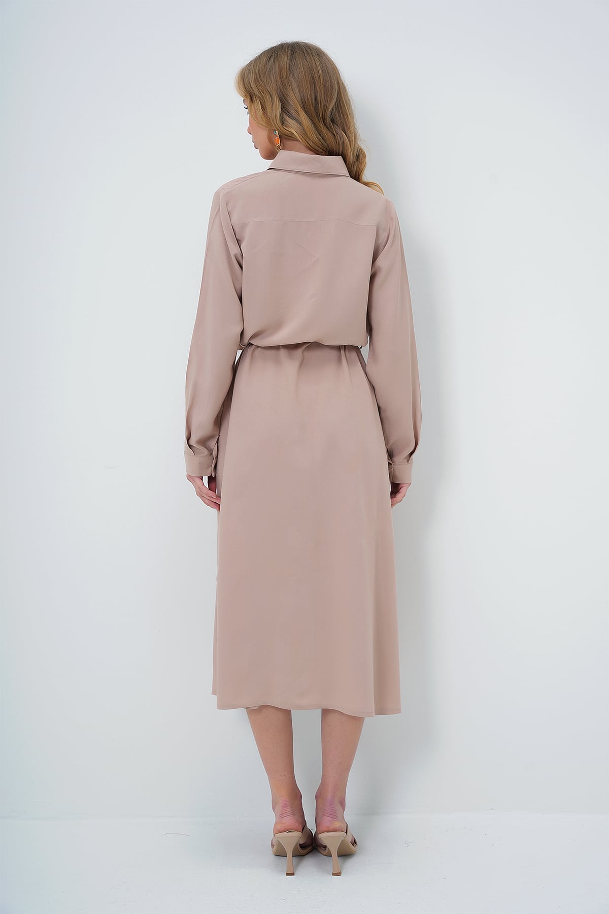 DOKUMA VİSKON GÖMLEK ELBİSE - bej