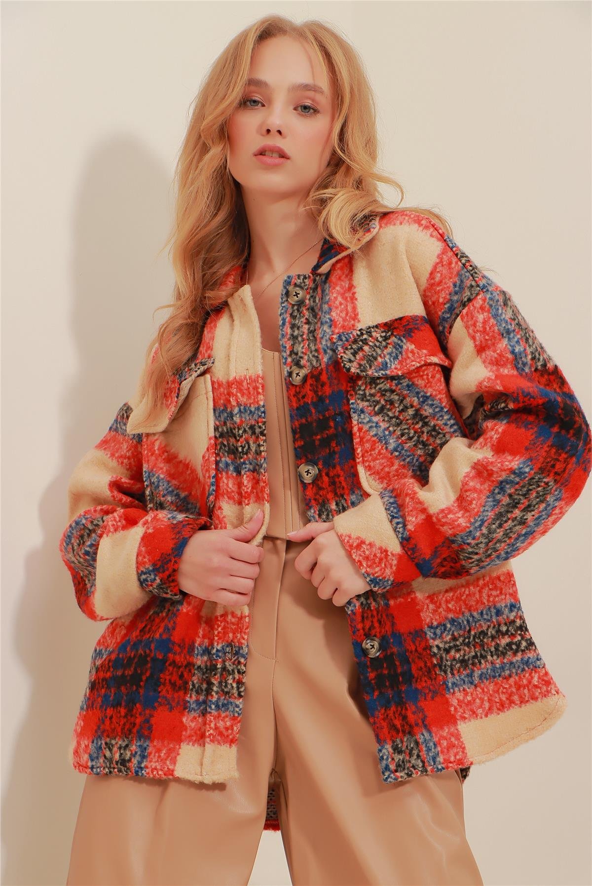 Dört Cepli Yünlü Kalın Oversize Desenli Gömlek Ceket - Turuncu