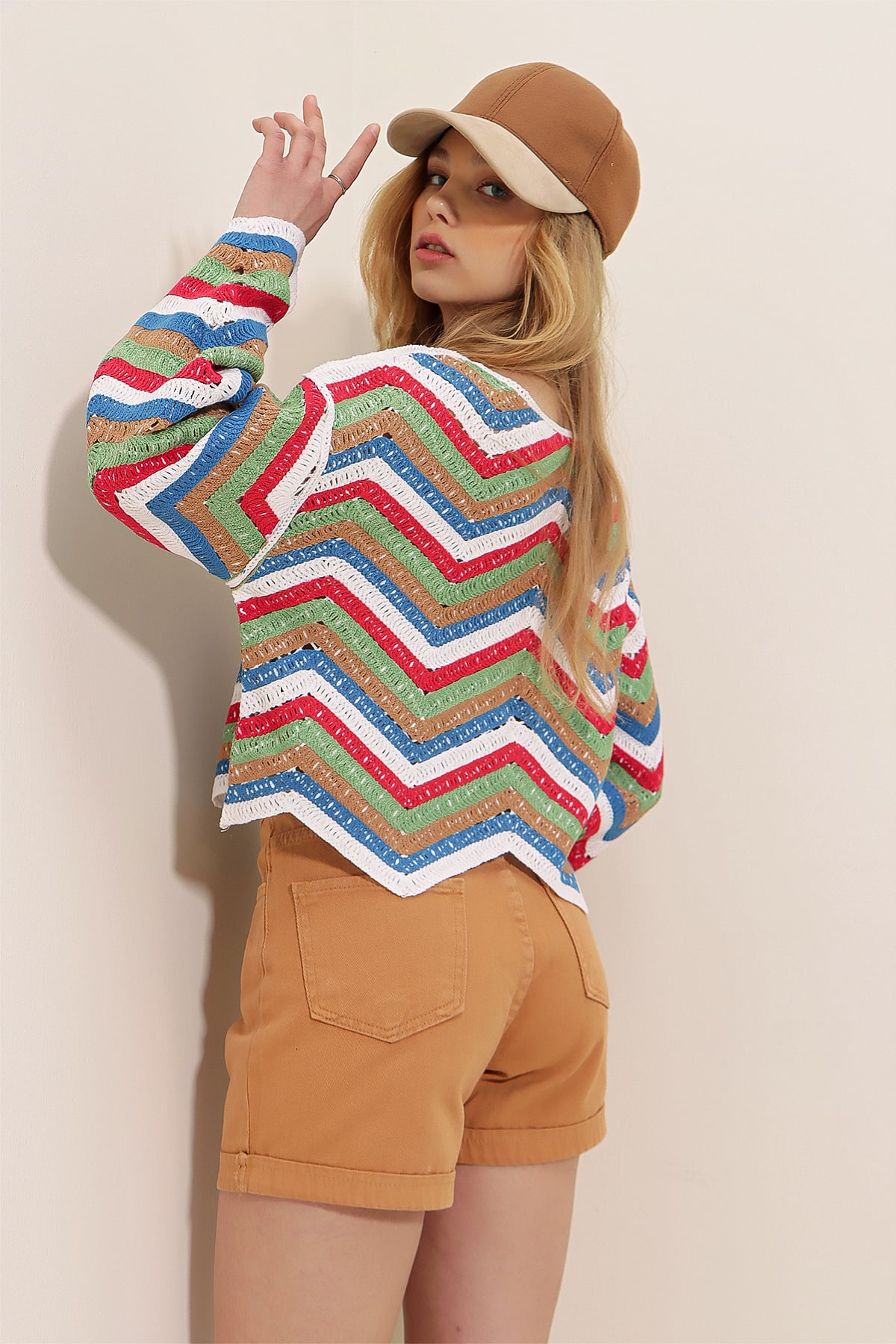 Duble Paça Yüksek Bel Denim Şort - Camel