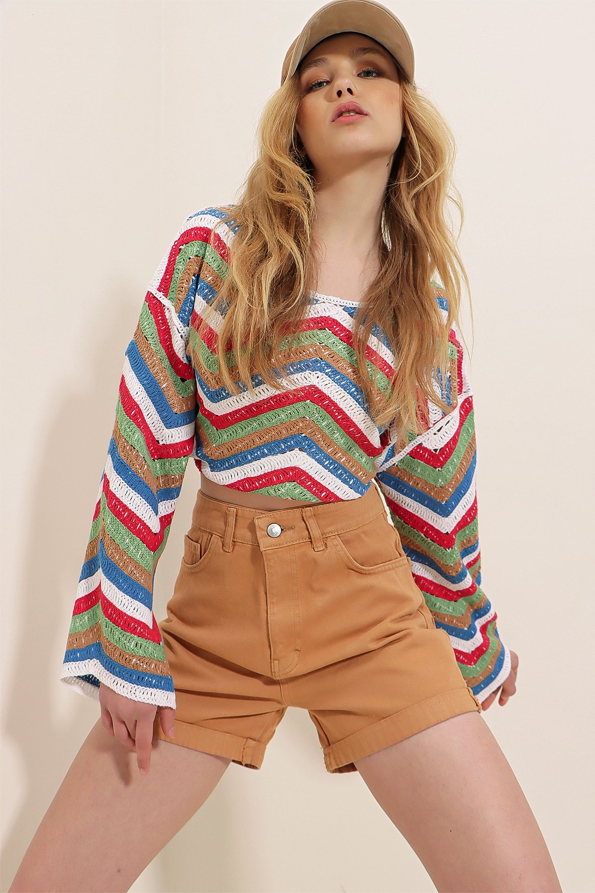 Duble Paça Yüksek Bel Denim Şort - Camel