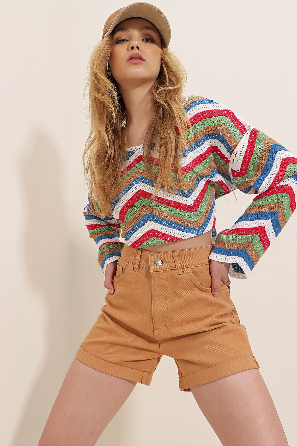 Duble Paça Yüksek Bel Denim Şort - Camel