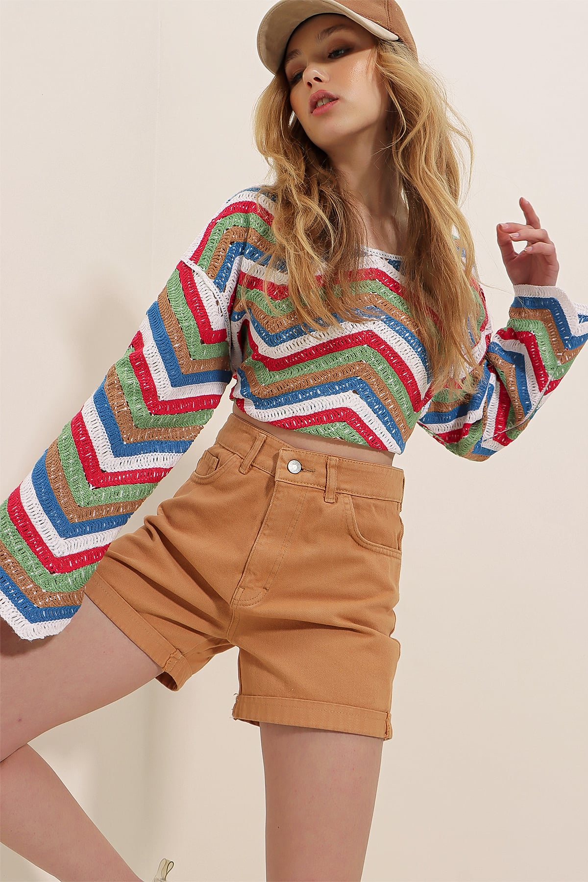 Duble Paça Yüksek Bel Denim Şort - Camel