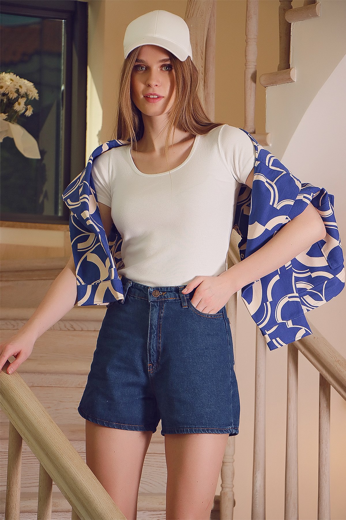 Duble Paça Yüksek Bel Denim Şort - Lacivert