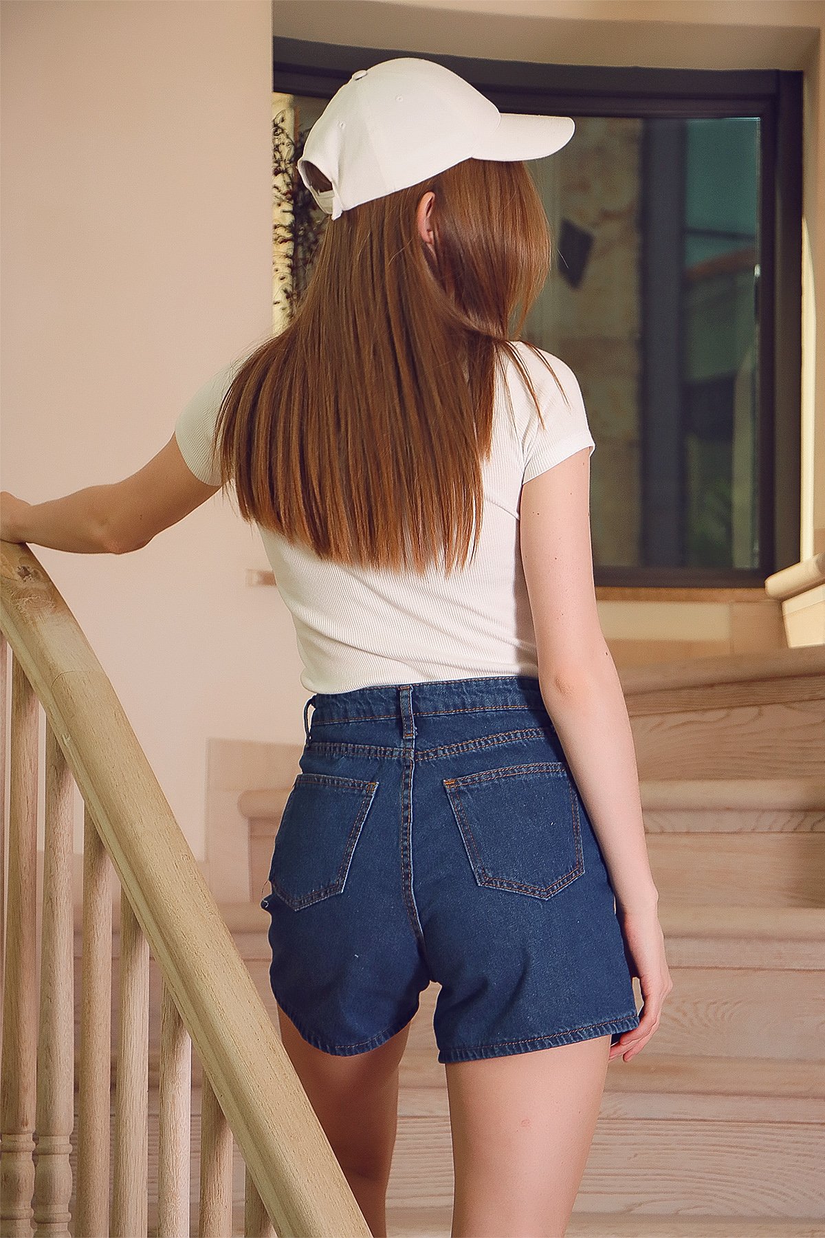Duble Paça Yüksek Bel Denim Şort - Lacivert