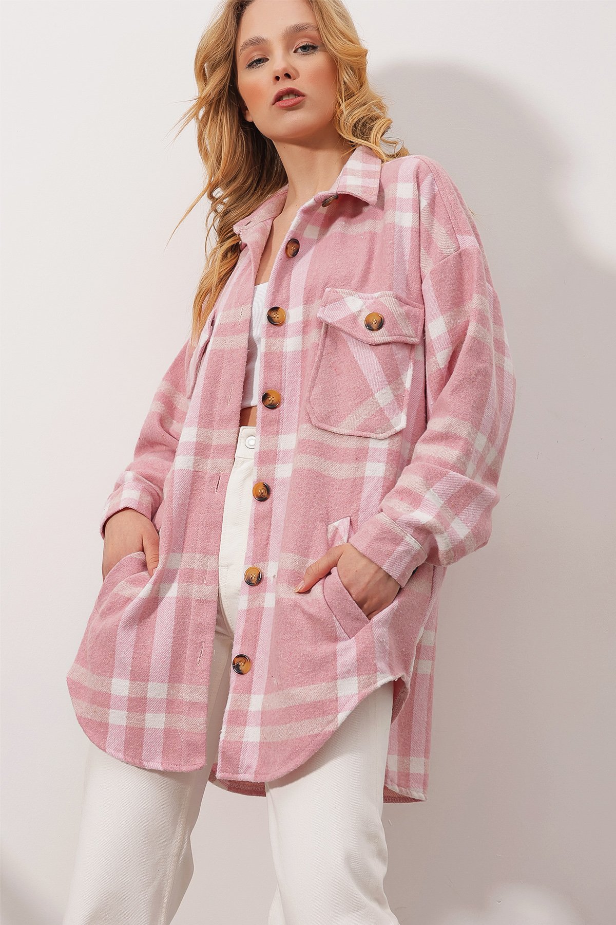 Ekose Desenli Kaşe Pamuklu Cepli Oversize Safari Ceket Gömlek - Pembe