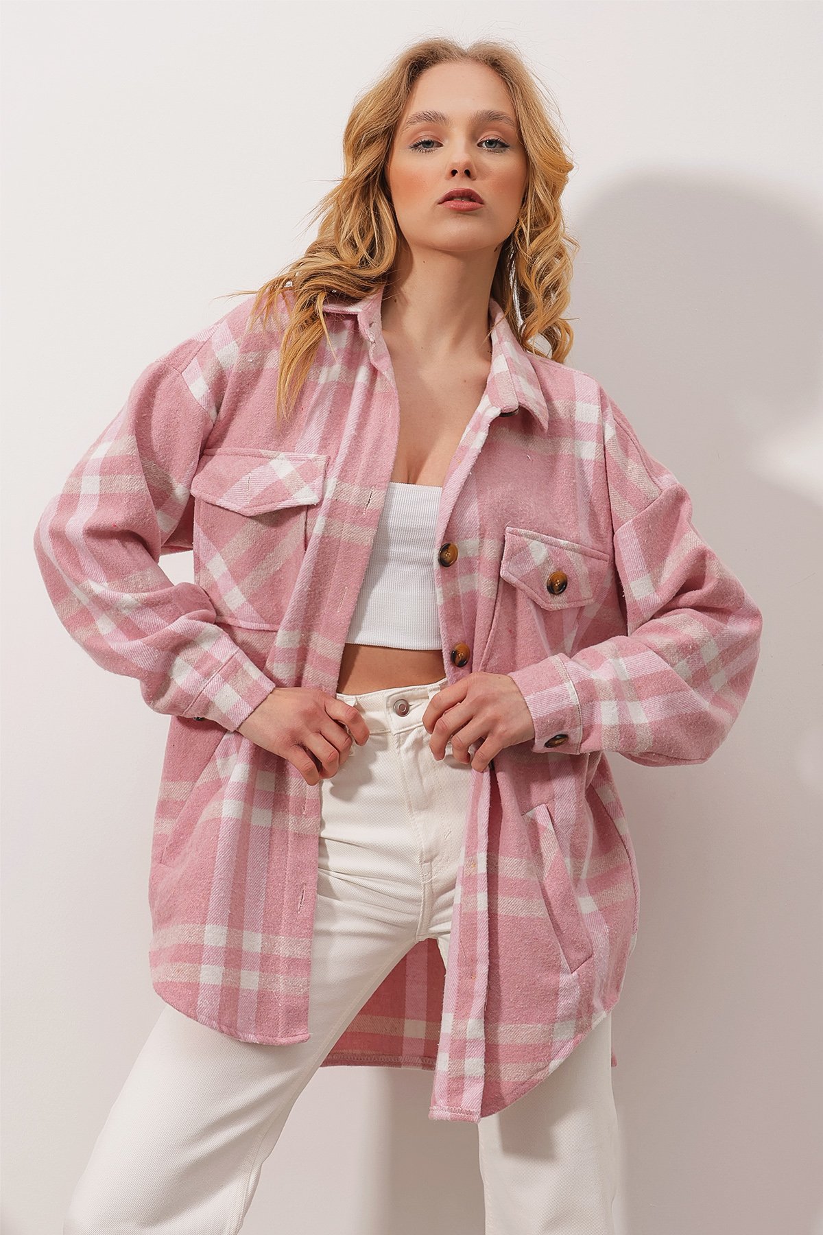 Ekose Desenli Kaşe Pamuklu Cepli Oversize Safari Ceket Gömlek - Pembe