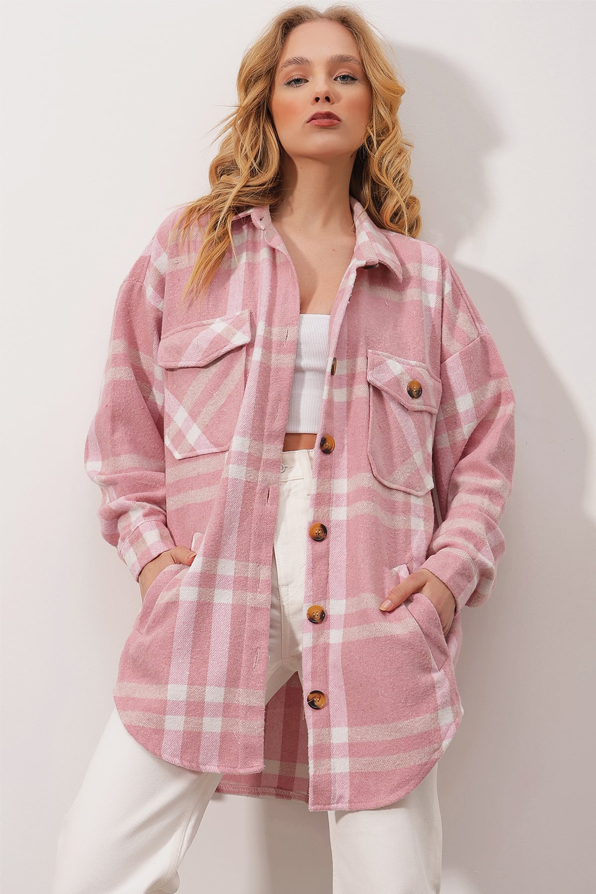 Ekose Desenli Kaşe Pamuklu Cepli Oversize Safari Ceket Gömlek - Pembe