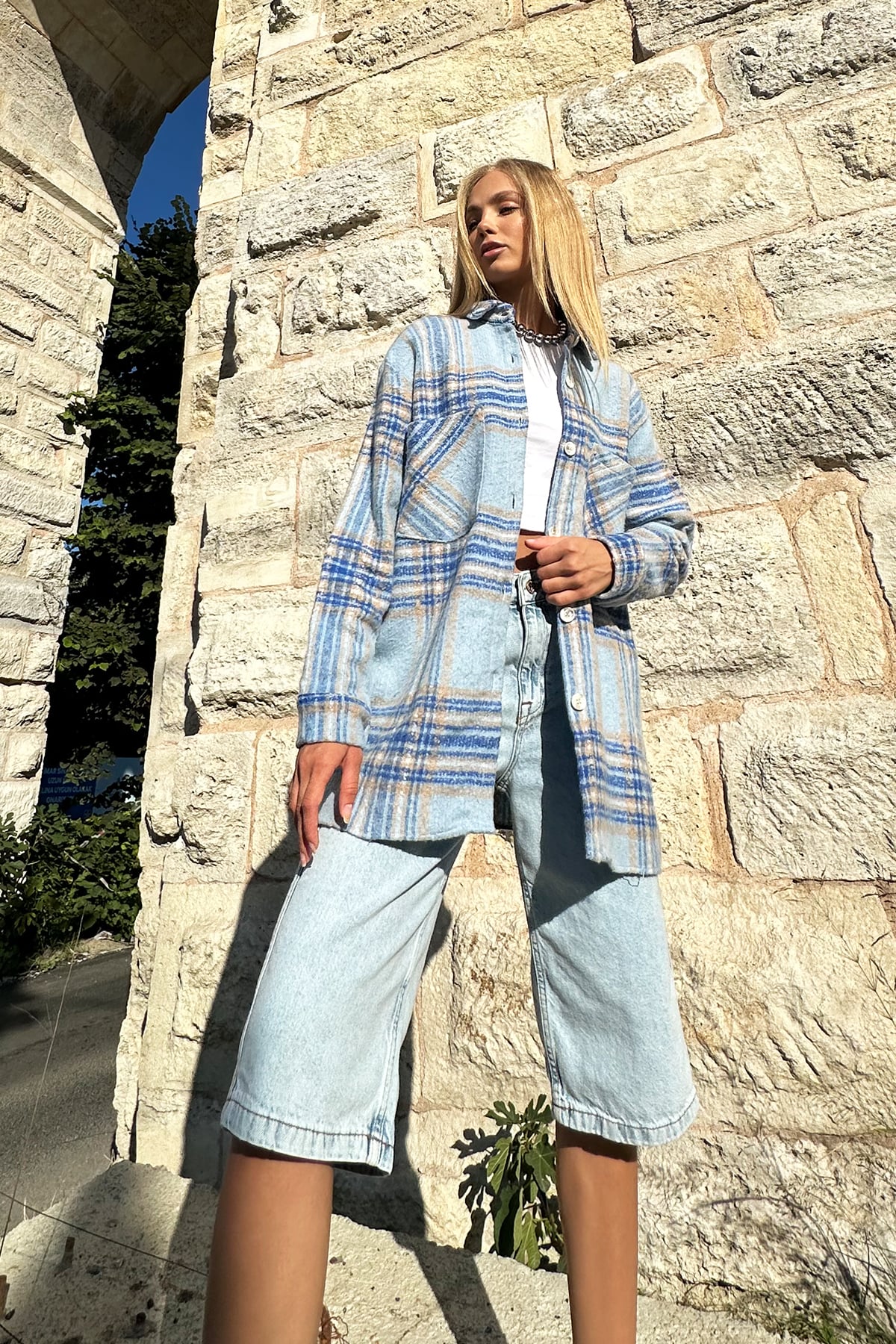 Ekose Desenli Kaşe Pamuklu Oversize Safari Ceket Gömlek - Mavi-Bej