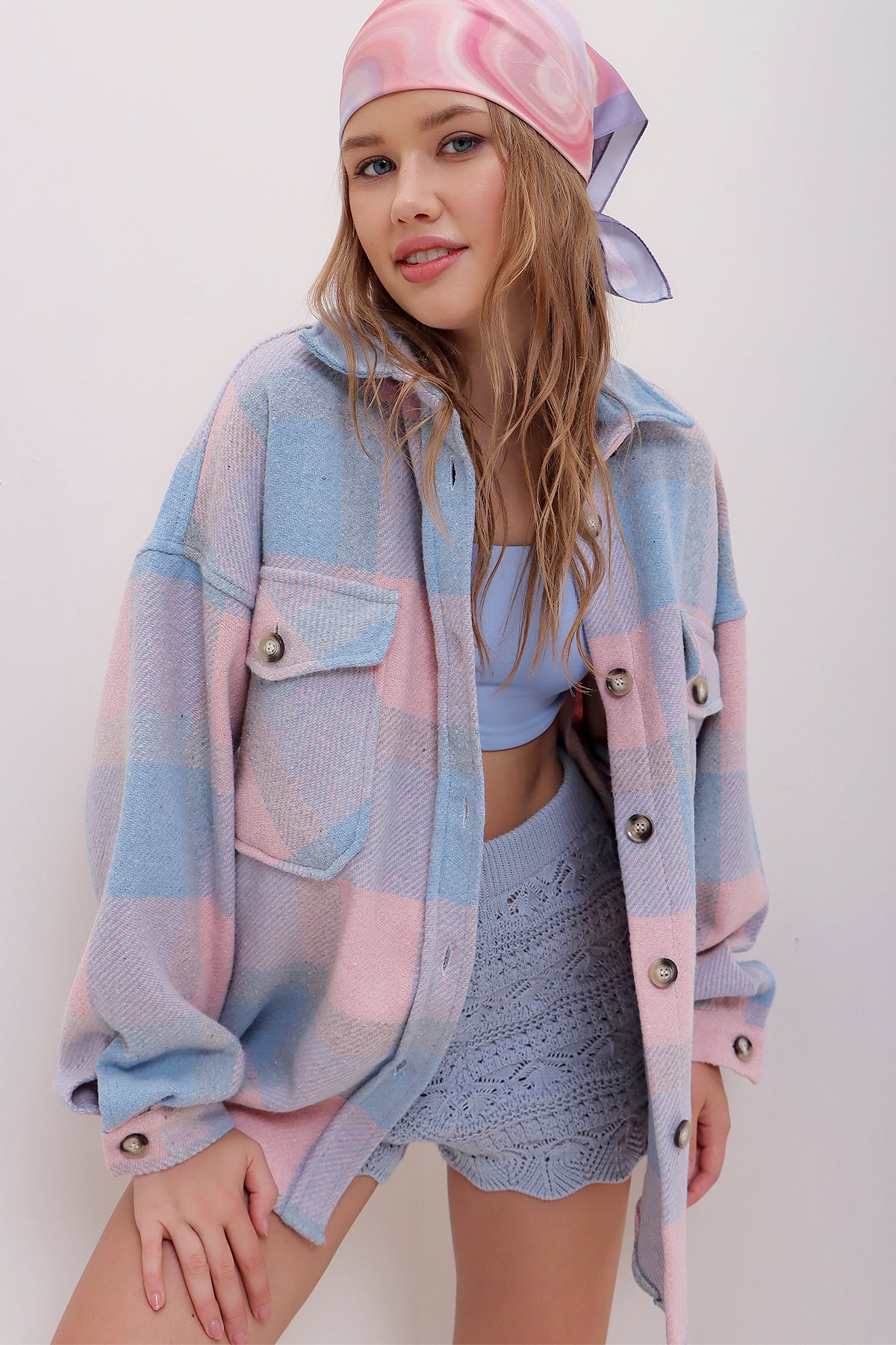 Ekose Desenli Kaşe Pamuklu Oversize Safari Ceket Gömlek - Pudra