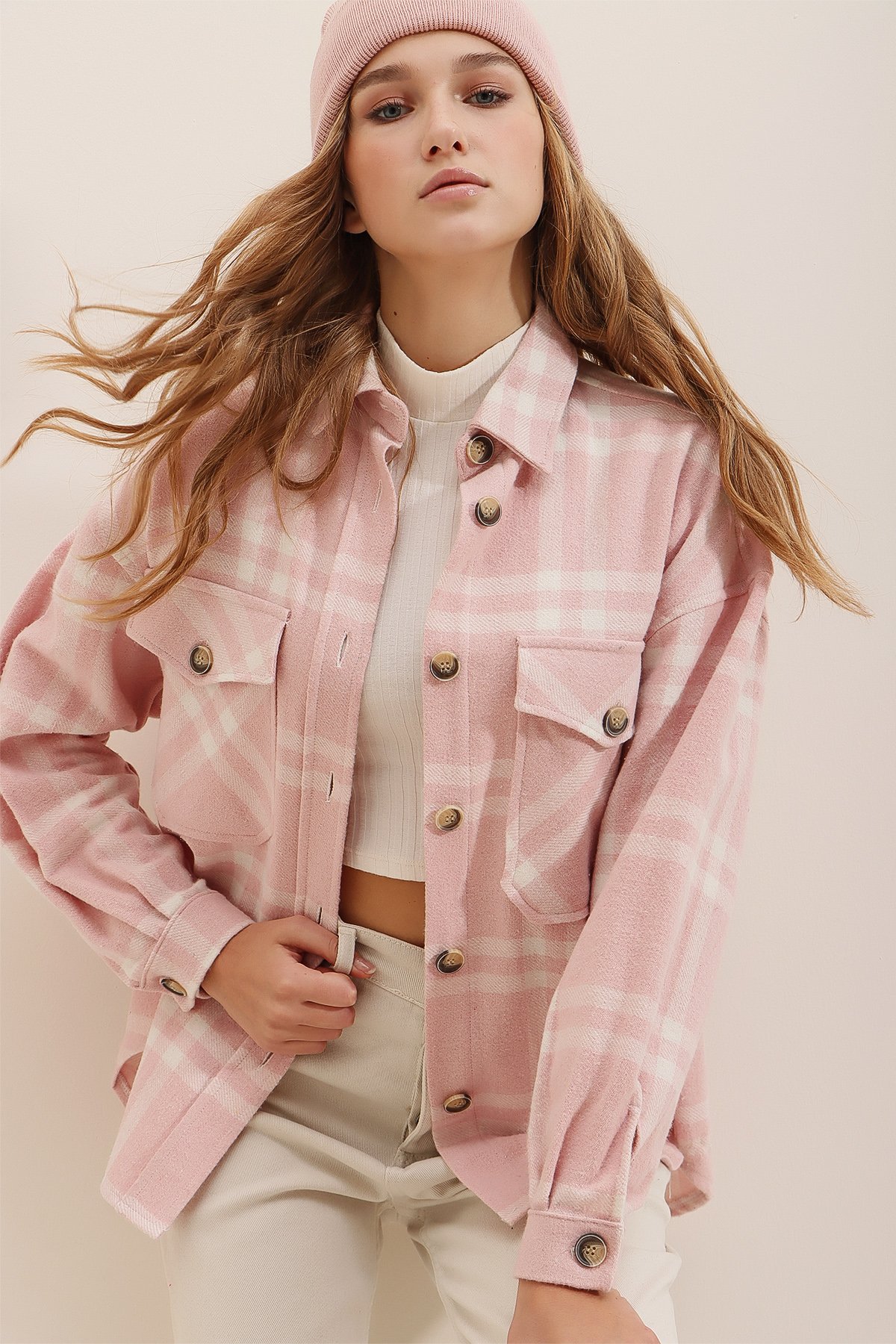 Ekose Desenli Kaşe Pamuklu Oversize Safari Ceket Gömlek - Pembe