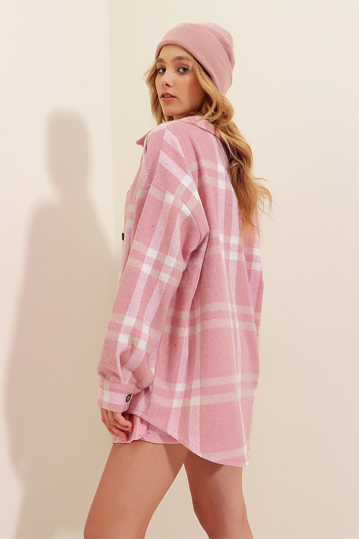 Ekoseli Tek Cepli Oversize Kaşe Gömlek - Pembe