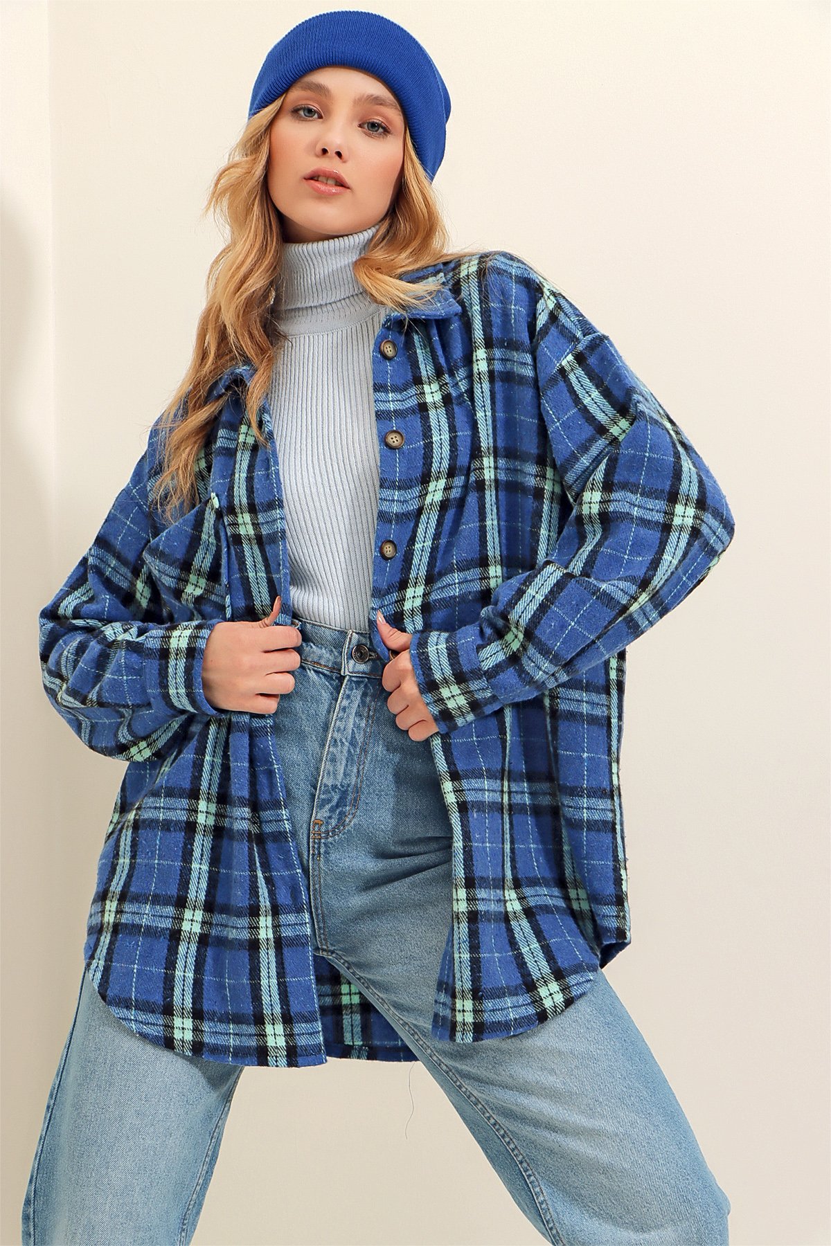 Ekoseli Tek Cepli Oversize Kaşe Gömlek - Saks