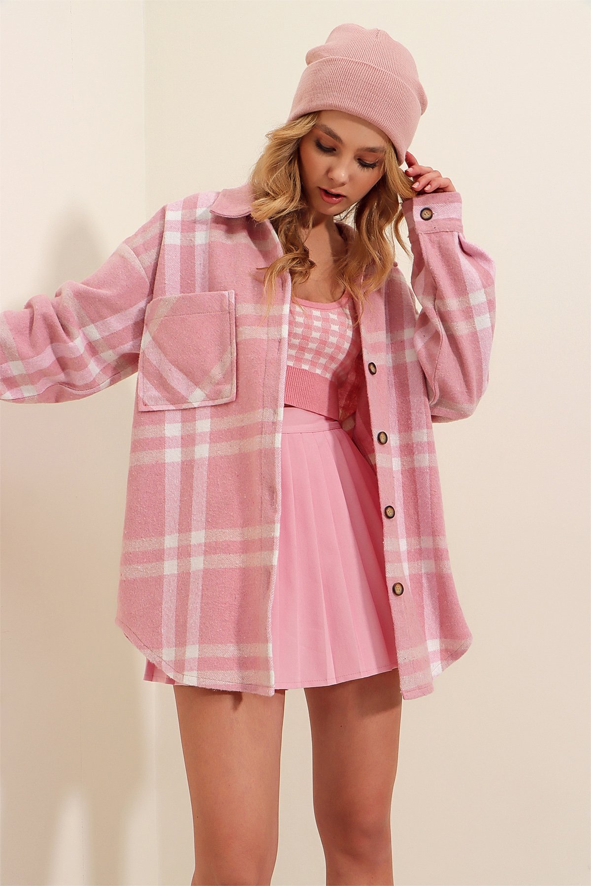 Ekoseli Tek Cepli Oversize Kaşe Gömlek - Pembe