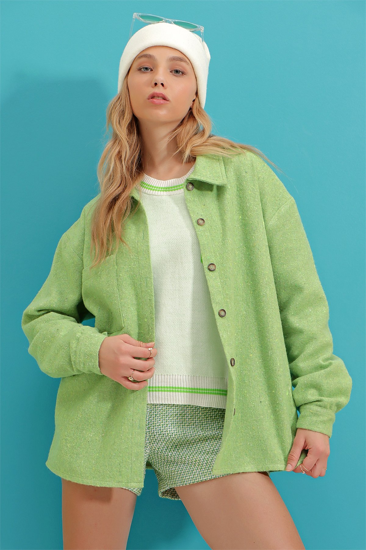 Ekoseli Tek Cepli Oversize Kaşe Gömlek - Elma Yeşili