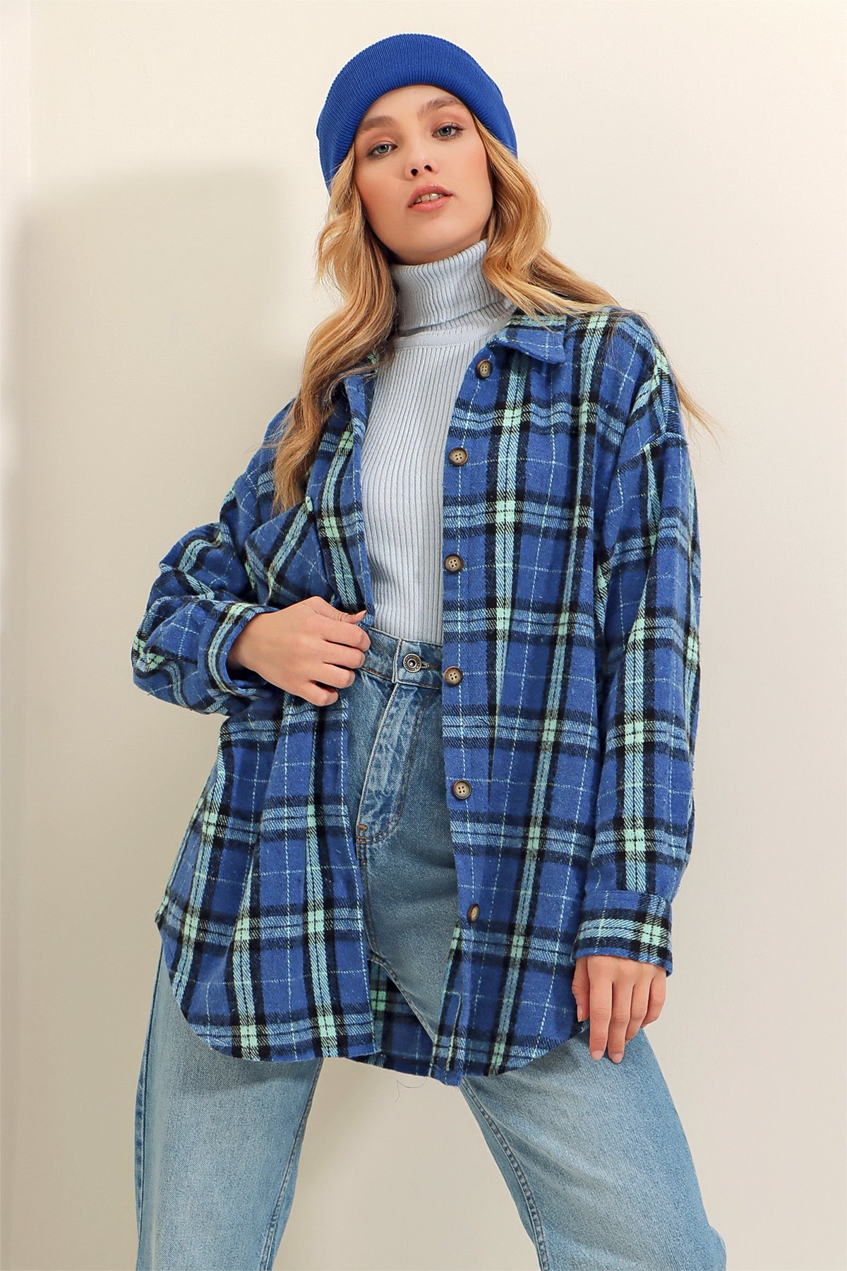 Ekoseli Tek Cepli Oversize Kaşe Gömlek - Saks