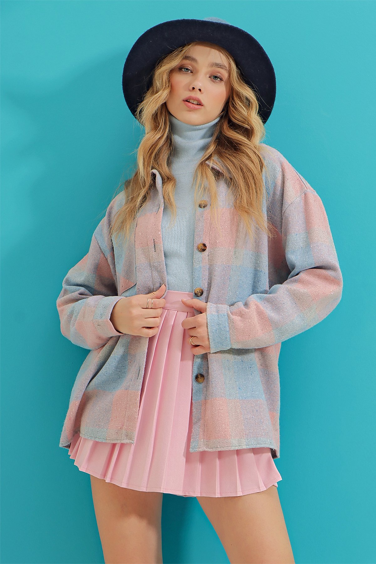 Ekoseli Tek Cepli Oversize Kaşe Gömlek - Mavi Pembe