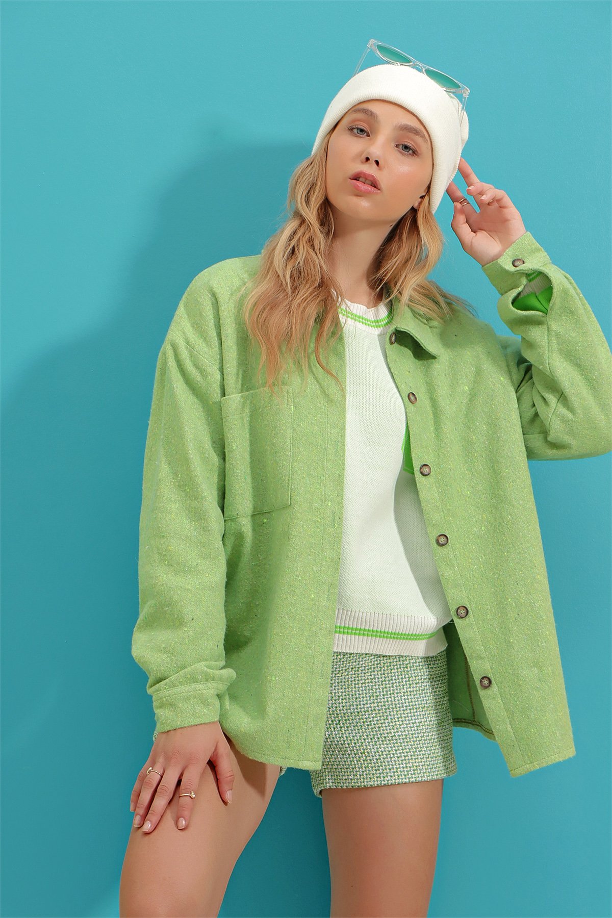 Ekoseli Tek Cepli Oversize Kaşe Gömlek - Elma Yeşili