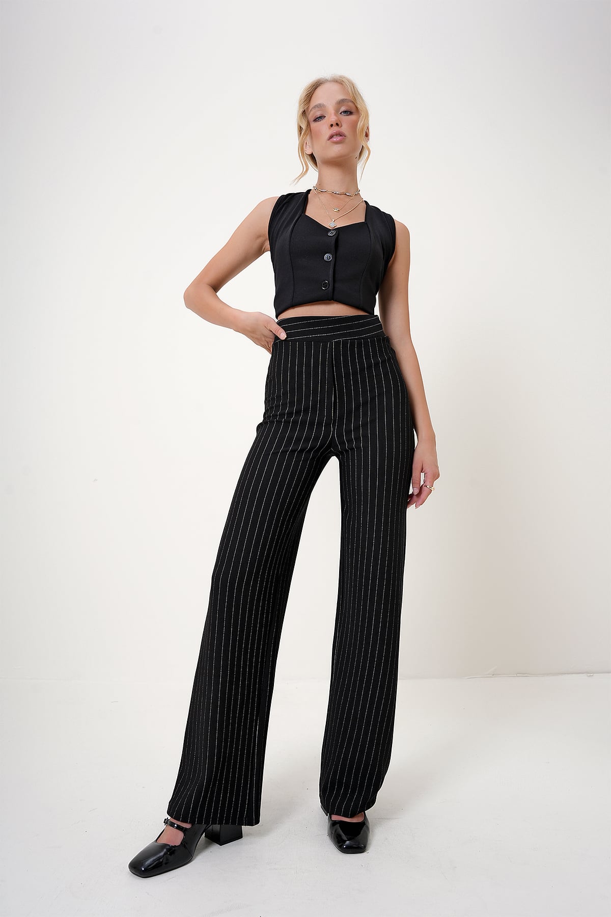 Elastik Bel Çizgili Geniş Paça Örme Pantolon - Siyah