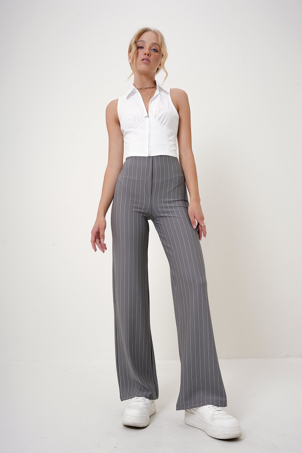 Elastik Bel Çizgili Geniş Paça Örme Pantolon - GRİ